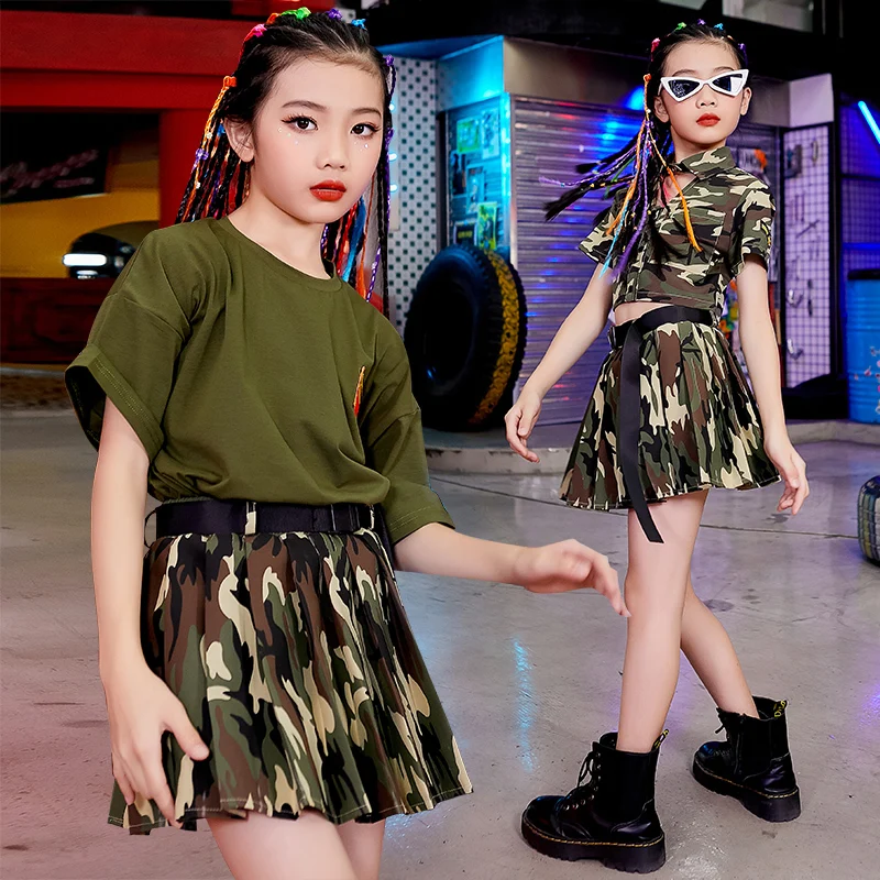 New Boys Street Dance wear Hip Hop Girls Clothes Short Sleeve Camouflage Suit Hiphop Pants Camp Military Training Clothing