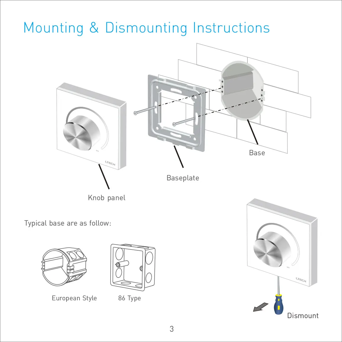 LTECH E6-DA1 Dali Dimmer On/Off Switch Dali Bus Power for COB Lights Led Strip Wall Mount Dimmable 86 Type Knob Panel Controller