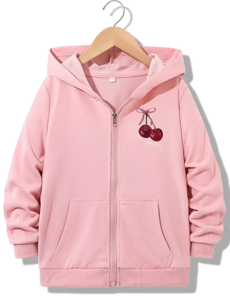 Girls Soft Pink Bow Cherry Good Day Script Zip Hoodie Kids Long Sleeve Loose Fruit Cute Casual Hooded Outer Jacket