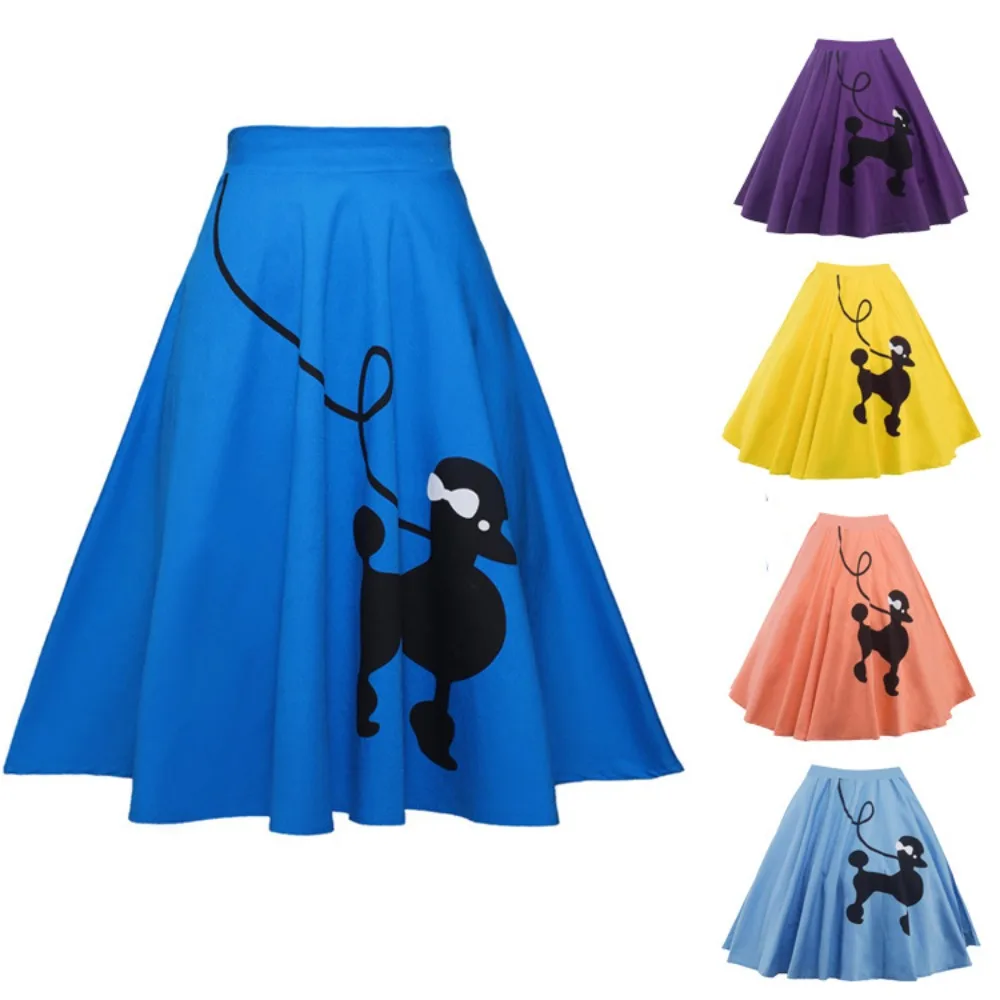 

50s 60s Poodle Skirt Kids Cute Cartoon Printed A-line Mid Length Skirts Girls Cosplay Costume Summer Vintage Carnival Party