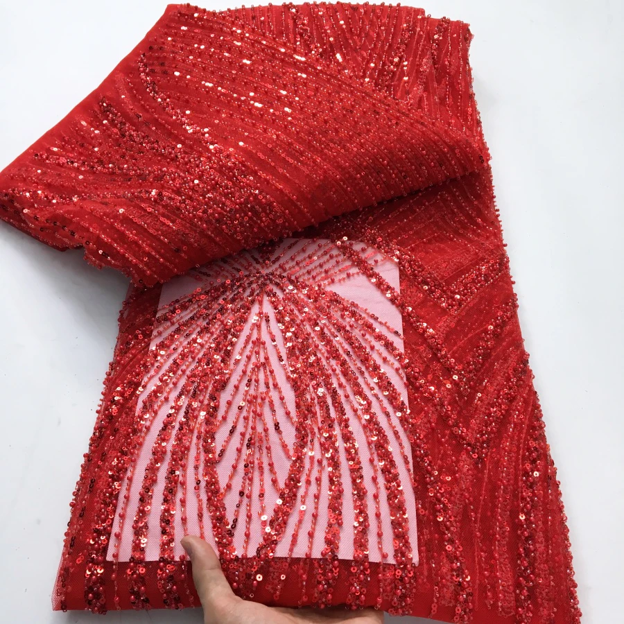 Red Nigerian Beaded Tulle Lace Fabric High Quality 5 Yards Luxury African Lace Fabric 2025 French Wedding Dress for Women A4248