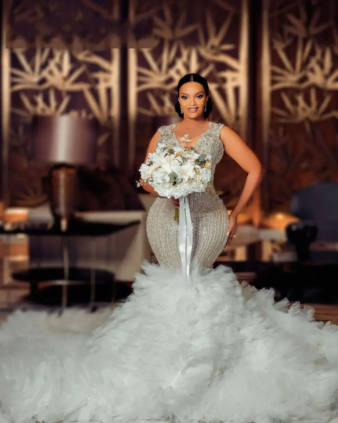 Customized Arabic Aso Ebi Plus Size Luxurious Mermaid Wedding Dress Custom Beaded Crystals Tiers Tulle Bridal Gowns