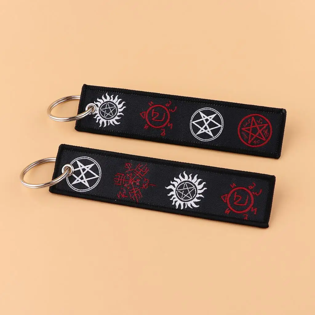 Supernatural Embroidery Keychain TV Show Jet Tag Key Ring for Car Motorcycle Woven Evil Power SPN Key Fobs Tags Chaveiro Jewelry
