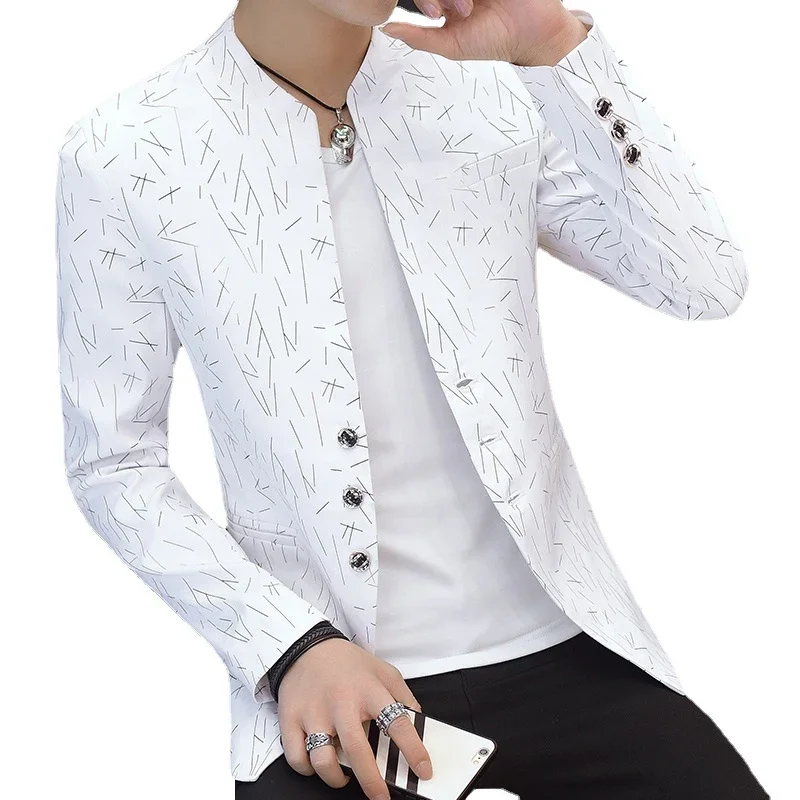 

Men's Printed Small Suit Male Korean Version of The Self-cultivation Stand-up Collar Chinese Tunic Casual Suit Thin Jacket Youth