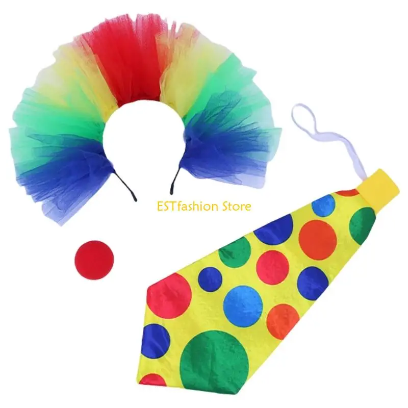 Y5GC Clown Outfit Clown Nose Rainbow Necktie for Adults Kids Women Men Halloween Clown Costume Accessories Gifts