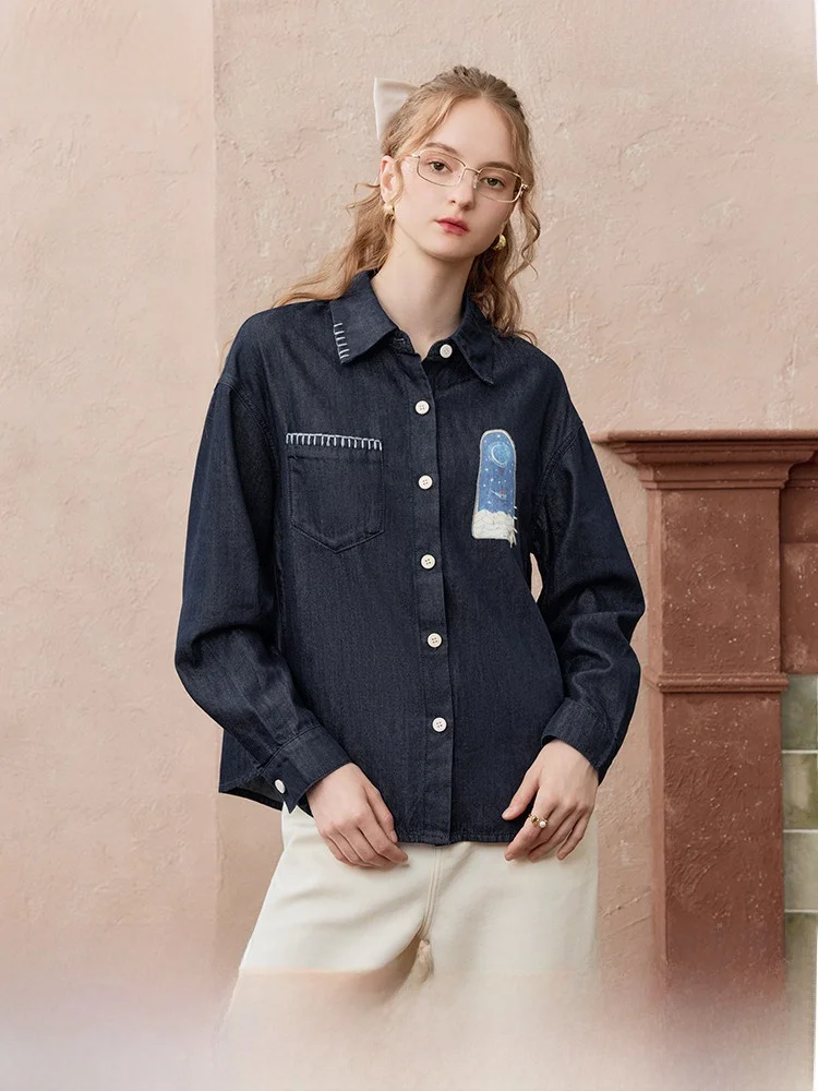 

Новинка! Женская джинсовая рубашка Galaxy Star Tear с длинным рукавом, свободного кроя, с принтом и пэчворком, осенняя коллекция, в стиле Two Tee Things.