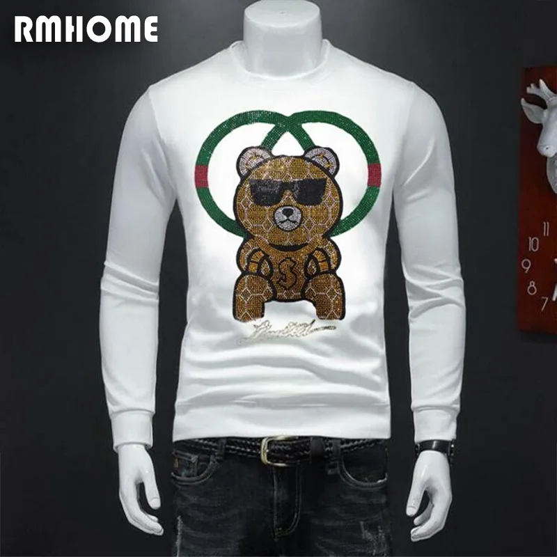 Men\'s Casual Sweater Rhinestone Bear Design High-quality Male Hoodies Warm Fashionable Top Daily Party Man Pullover Clothing 4XL