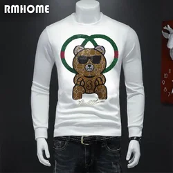 Men's Casual Sweater Rhinestone Bear Design High-quality Male Hoodies Warm Fashionable Top Daily Party Man Pullover Clothing 4XL