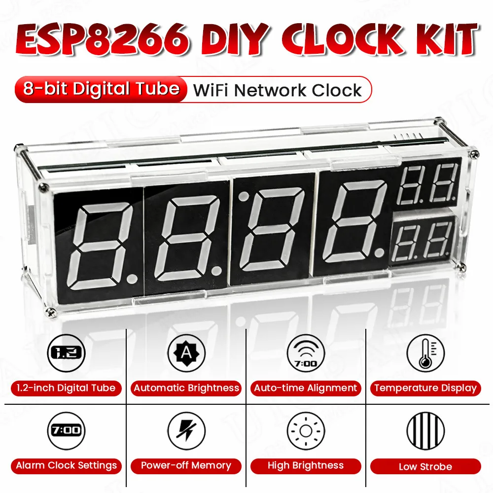 DIY Kit Electronic Network Clock WiFi Module ESP8266 8-bit Digital Tube Display Time Temperature Alarm Soldering Practice Kit