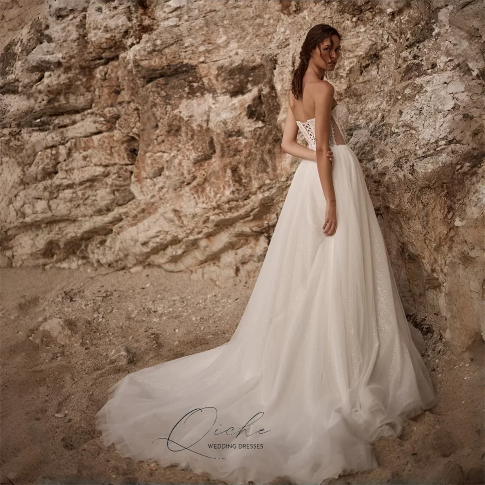 QICHE Elegant Lace Beading A-Line Wedding Dress Tulle Long Sleeves Sweetheart High Slit Open Back Vestidos De Novia Customized