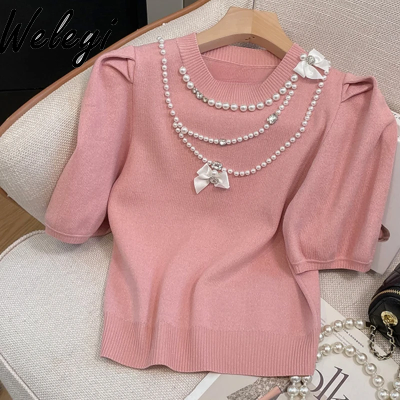 

Gentle Bow Pink Knitted Top Ladies Sweet Long Bubble Sleeves Knit Pullovers Women Pearl Short Slim Long Sleeve Crew Neck Sweater