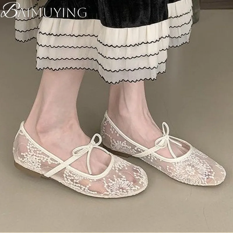 Bow Mesh Lace Flats Ballerine Sandali da donna Marie Janes Scarpe Punta quadrata Estate 2025 Nuovo vestito di tendenza Designer Sandalias Mujer