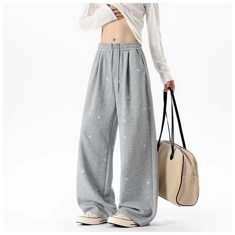 Men's 2026 Autumn 320G Heavyweight Cotton Geometric Plus Sign Printed Sweatpants Plus Size Loose Wide Leg Casual Trousers