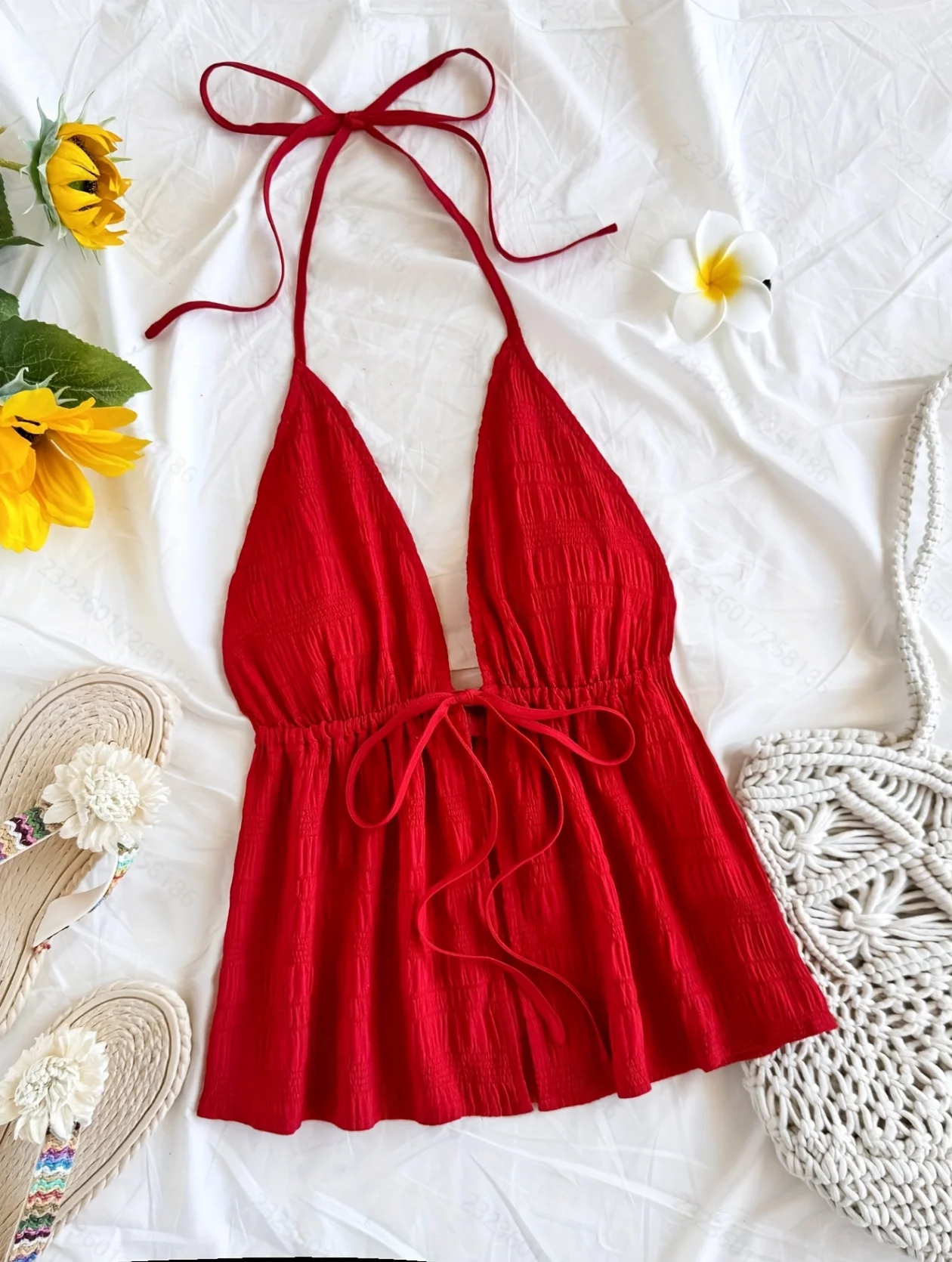 Women's Spring Summer Casual Halter Cami Top, Red Textured Fabric, V-Neck Tie Open Back Design