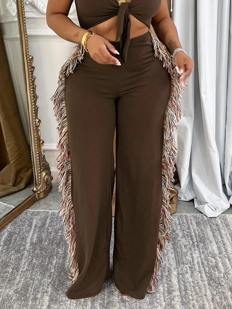 

LW Plus Size Tassel Pants Women Clothing 2025 Spring New Casual Straight Trousers Female Fashion Baggy Big Size Wide Pant