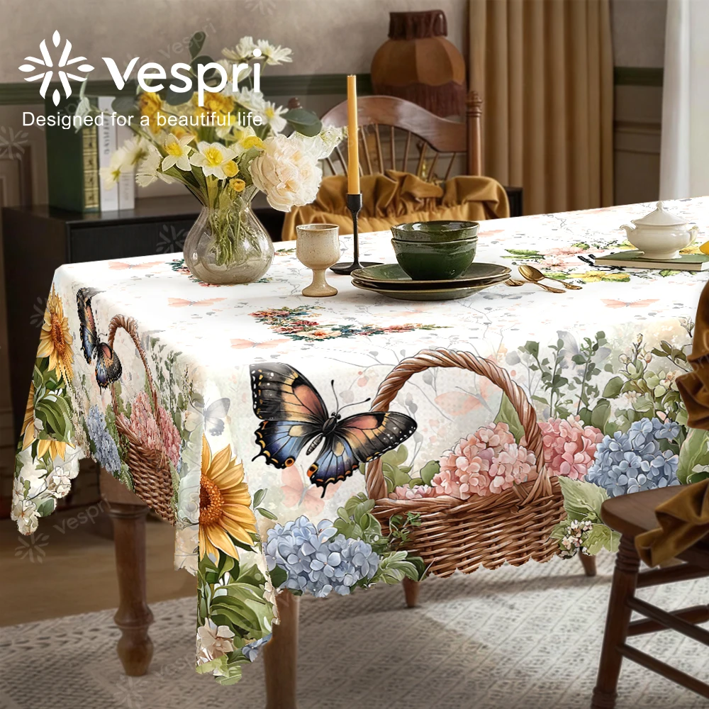 Vespri Frühlingstischdecke mit Blumenmuster, Oster-Pastell Weiß-Rosa Schmetterlinge und Blumen, Runde, Rechteckige und Ovale Tischabdeckung