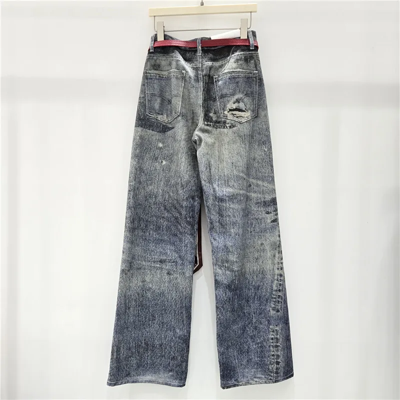 WTHT 트렌디 여성용 올드 타이다이 디자인 스트레이트 진 2025 가을 패션 하이웨이스트 벨트 데님 팬츠 여성 1LS2316