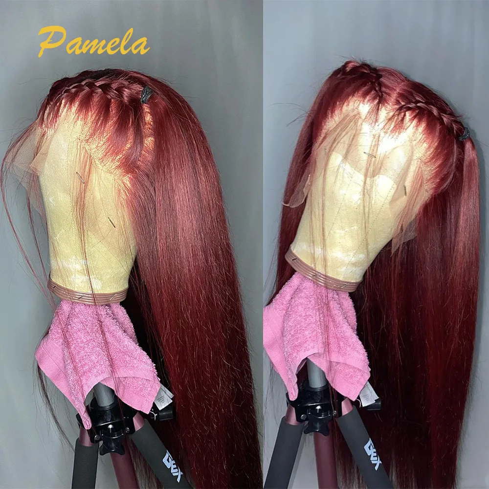 Super Double Drawn Burgundy Colored Glueless Wig Ready To Wear 13x6 Bone Straight Transparent 30inch Lace Front Human Hair Wigs