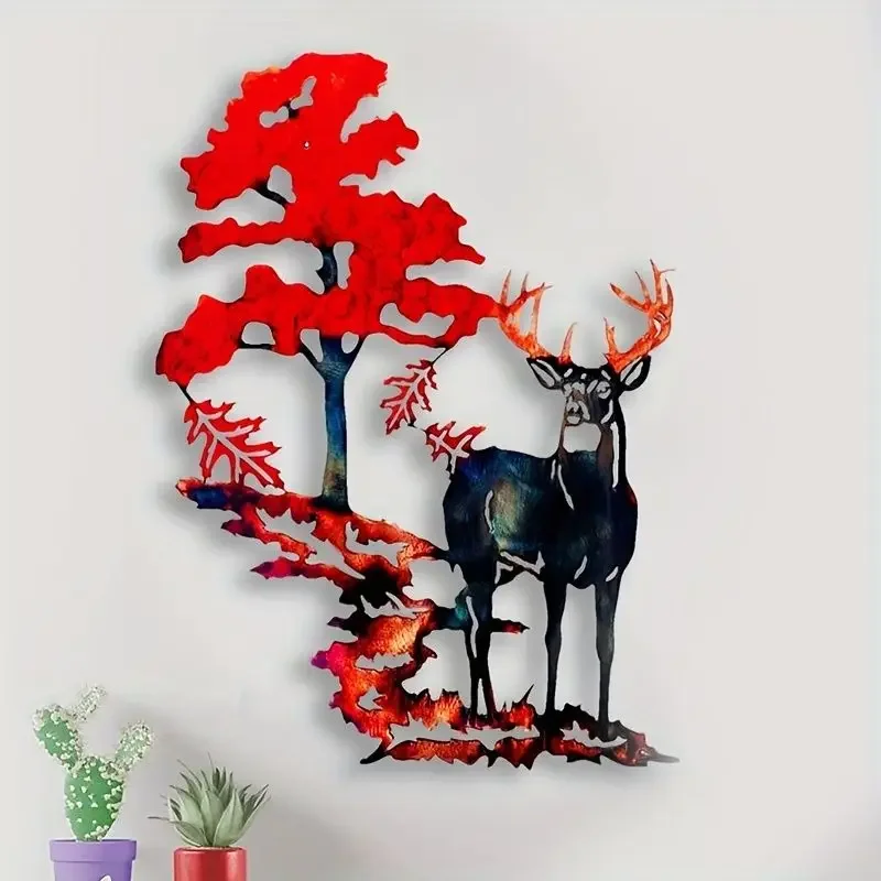 CIFBUY Red Tree Deer Metal Wall Art Decor, Nature Style Iron Wall Hanging Sculpture, Home Living Room Bedroom Wall Ornament
