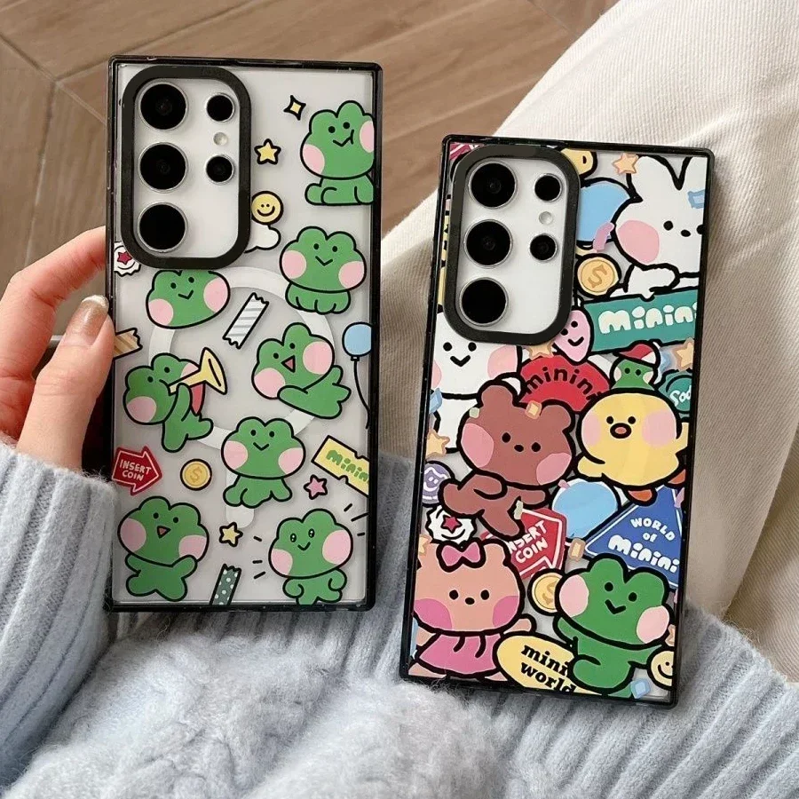 Магнитный акриловый магнитный чехол для телефона с черной рамкой в виде лягушки для Samsung Galaxy S25 + Plus S24 S23 Ultra S25U, защитный чехол