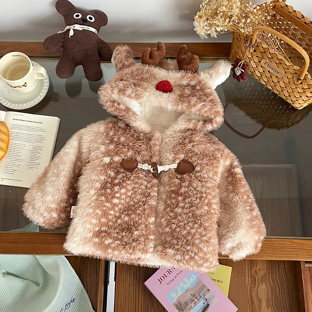 

Fleece Kids Cotton Jackets Winter Thick Warm Children Clothes Cartoon Reindeer Hooded Velvet Fur Fluffy Coats Casual Outerwear