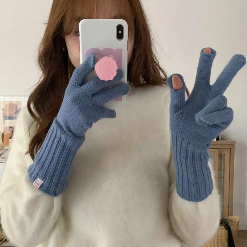 Solid Color Woolen Knitted Korean Style Labeling Gloves Finger Exposed Touch Screen Cold-Proof Harajuku Style Autumn and Winter