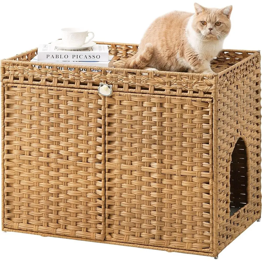 

Natural-Style Rattan Cat Litter Box Enclosure with Mat and Hooks, 30.3x18.3x24.4 Inches