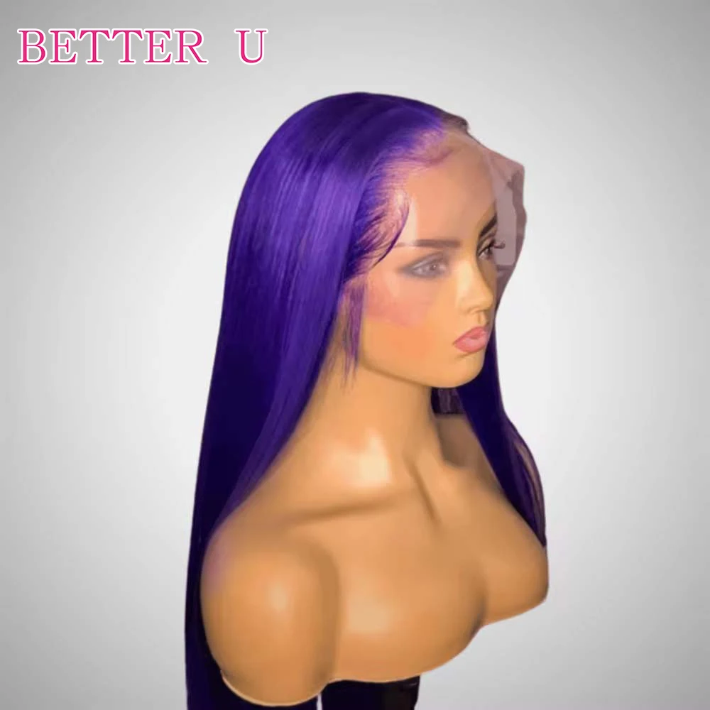 Purple Straight  Human Hair Wig For Women13x4 Transparent Lace Front Human Hair Wig Ash Purple Colored 13X6 Lace Frontal Wig