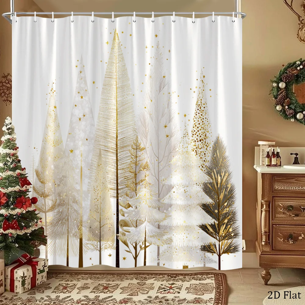 2D Flat, 2D Flat, 1pc of Christmas Shower Curtain Featuring a Sophisticated Golden Foil Design of Forest Trees, Perfect for Holi