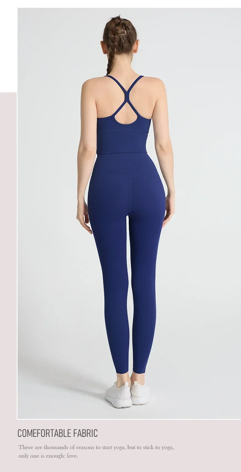 Einfarbige Weiche Damen-Sportanzüge mit Rückenkreuzdesign, Stoßfestes Sport-Top, Hochelastische Fitness-Leggings, Lauf- und Yoga-Sportsets – Detail 17