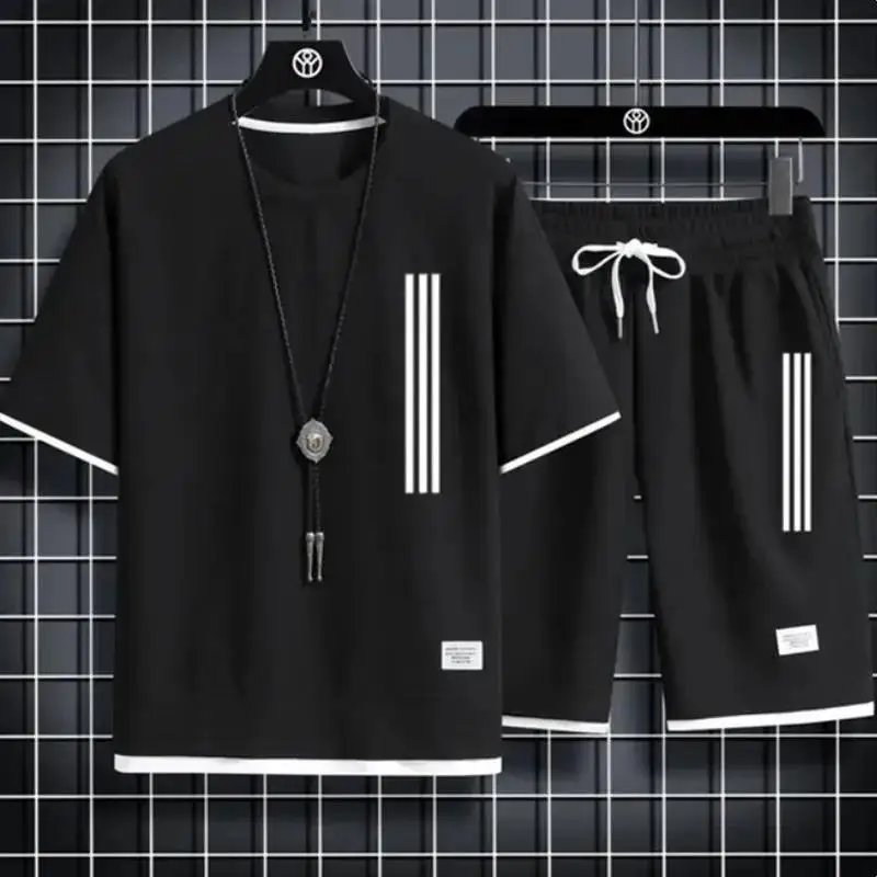 

2025 Adida, новые мужские спортивные костюмы, комплект из 2 предметов с короткими рукавами, футболка с принтом + спортивные штаны, комплекты Sutdent, повседневная летняя спортивная одежда