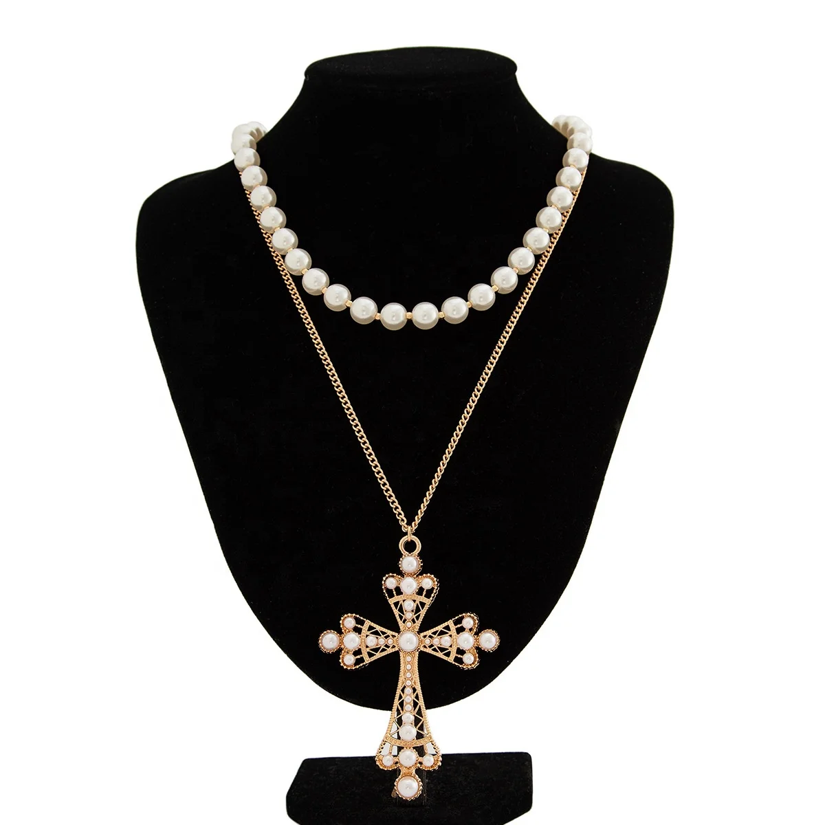 

2025 Vintage White Pearl Beaded Necklace Gold Lace Cross Pendant Necklace for Women Birthday Party Prom Jewelry Gifts