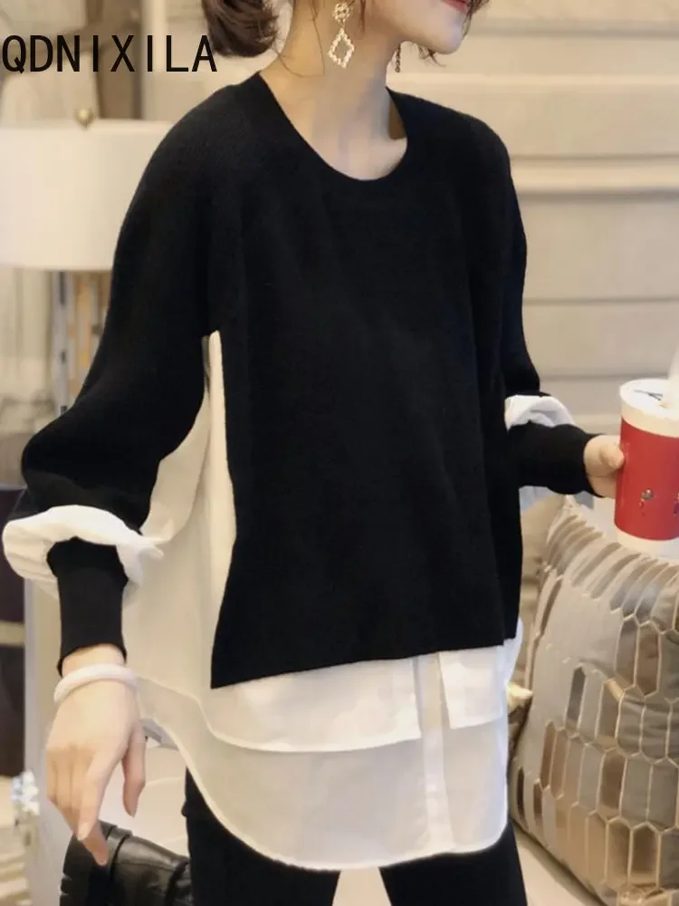 New Women\'s Sweater Splice Shirt Fake Two Fashionable Korean Fashion Women\'s Shirts Pullover Long Sleeve Top 2024 Spring Autumn