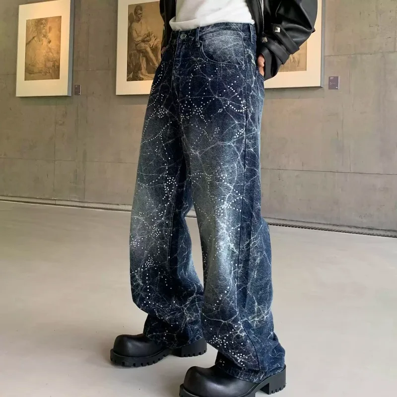 Men Vintage Rhinestone Wide Leg Jeans Crackle Wash Glitter Diamond Denim Pants Loose Straight Baggy Trousers Hip Hop Long Pants