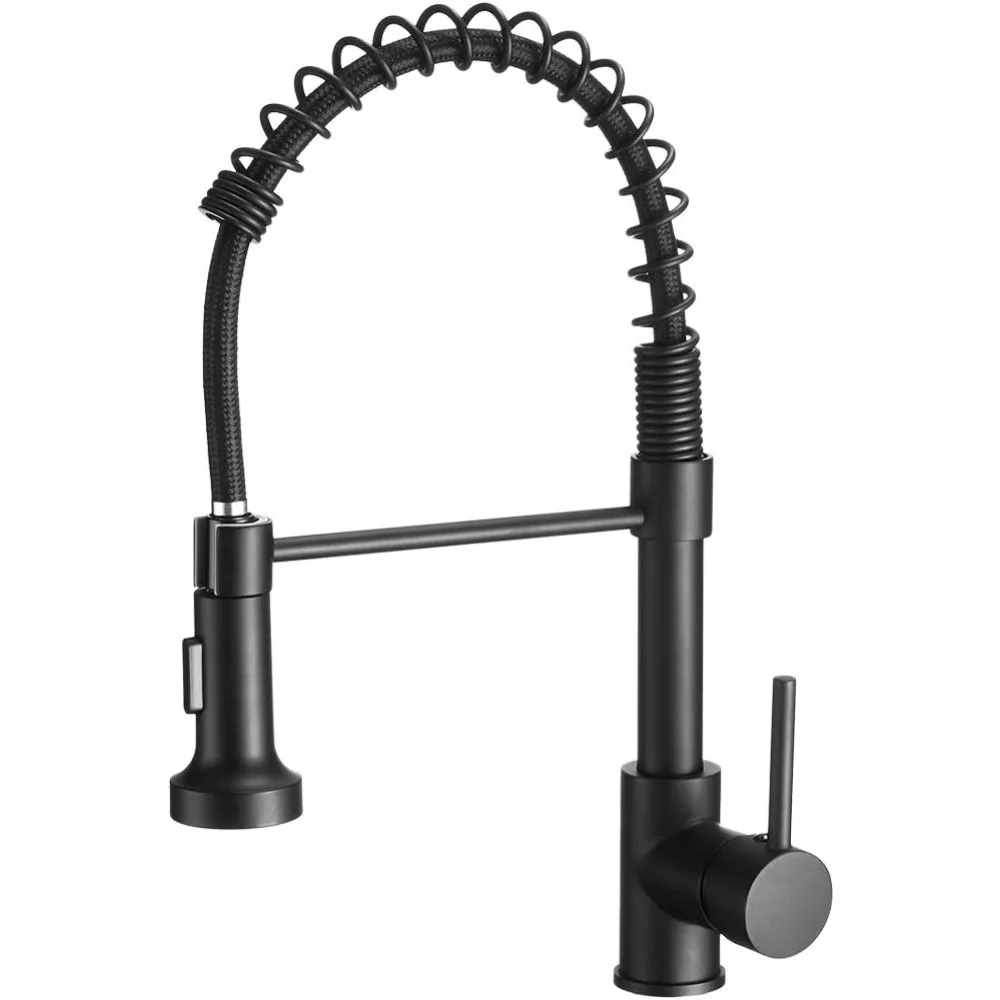 

Modern Single Handle Spring Kitchen Faucet with Pull Down Spray, Matte Black Kitchen Sink Faucet