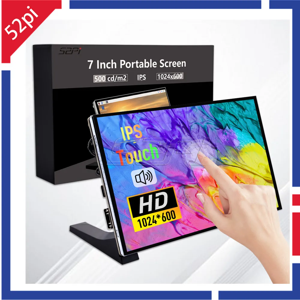 

52Pi 7 inch 1024*600 Display 60Hz Touch Screen with Speakers and Standers for Raspberry Pi and Windows PC