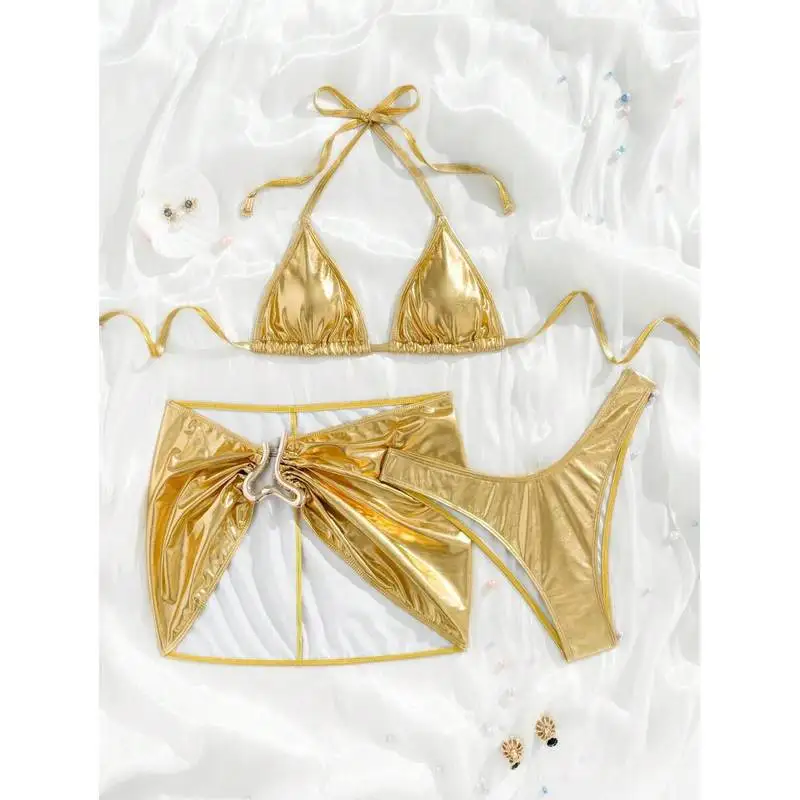 JEWELRY SEN Women Metallic Gold 3‑Piece Halter Triangle Bikini Set With Wrap Skirt Summer Beach Party Bathing Suit