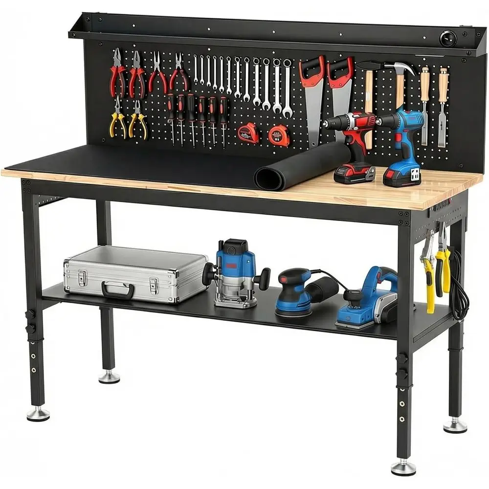 

Регулируемый по высоте верстак 60 дюймов с нагрузкой до 1360 кг, перфорированной панелью, розетками, LED-подсветкой и местом для хранения для гаража или мастерской