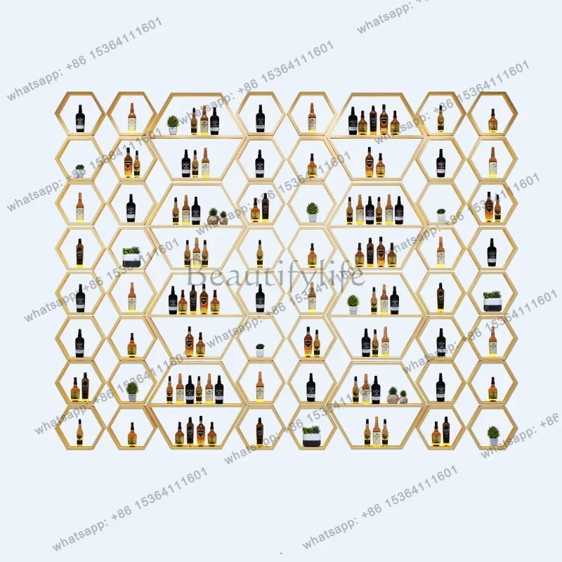 FGHexagonal wine cabinet wrought iron luminous essential oil wall hanging display stand bar restaurant decoration