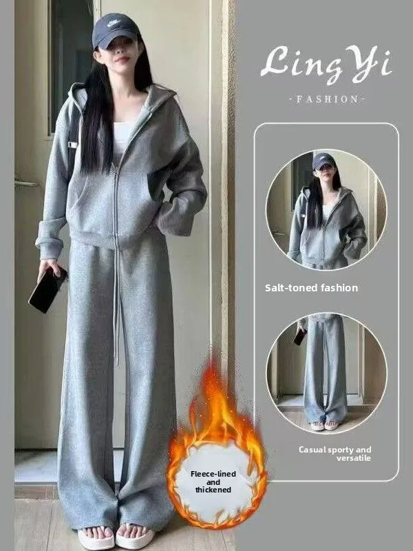 

Женский спортивный костюм на флисовой подкладке, утепленный, повседневный, свободный, модный, для бега, комплект из двух предметов, осенне-зимний, в корейском стиле, для студентов