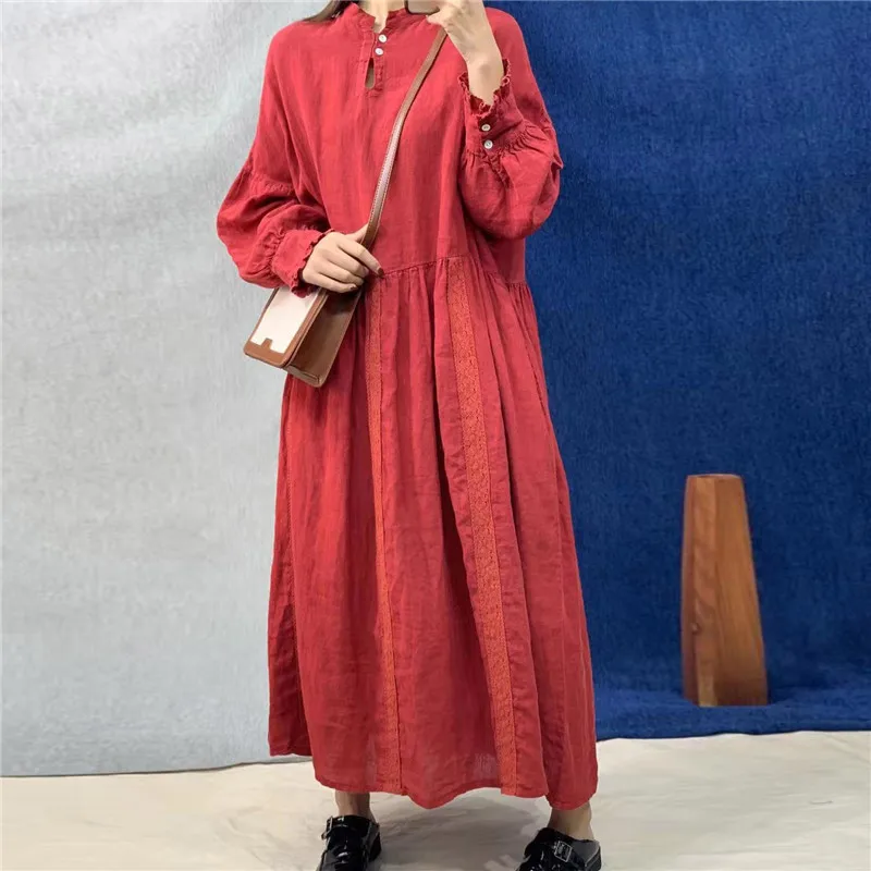 Johnature New Linen Women Embroidery Loose Dresses 2024 Autumn Vintage O-neck Full Sleeve Button Solid Color Female Dress