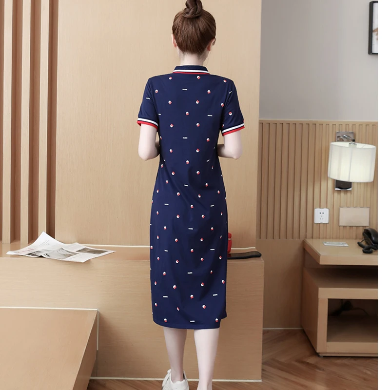 Summer Women Cotton T-shirt Dresses Female Polo Collar Short Sleeve Large Size 4XL Elegant A Line Print Black Navy Blue Vestidos