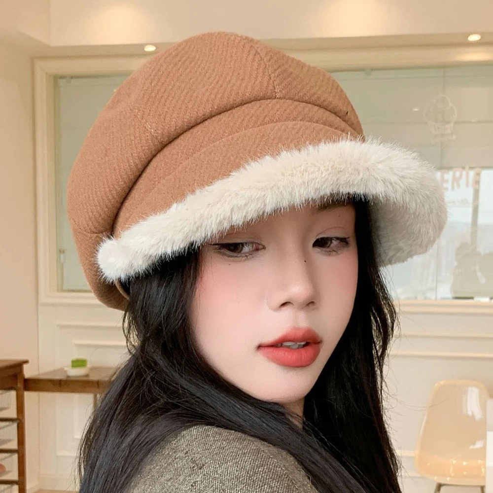 

Осень-зима, модные шапки художника в британском стиле, женские флисовые утолщенные теплые шапки, однотонная универсальная шляпа газетчика в корейском стиле