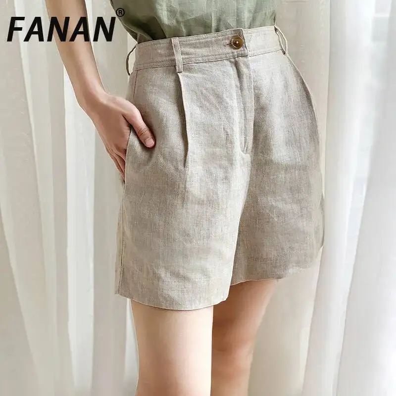 

FANAN 100% Linen Shorts For Women Summer New Slimming Linen-Cotton Wide-Leg High-Waisted Casual Clothing Sunscreen Pants Female