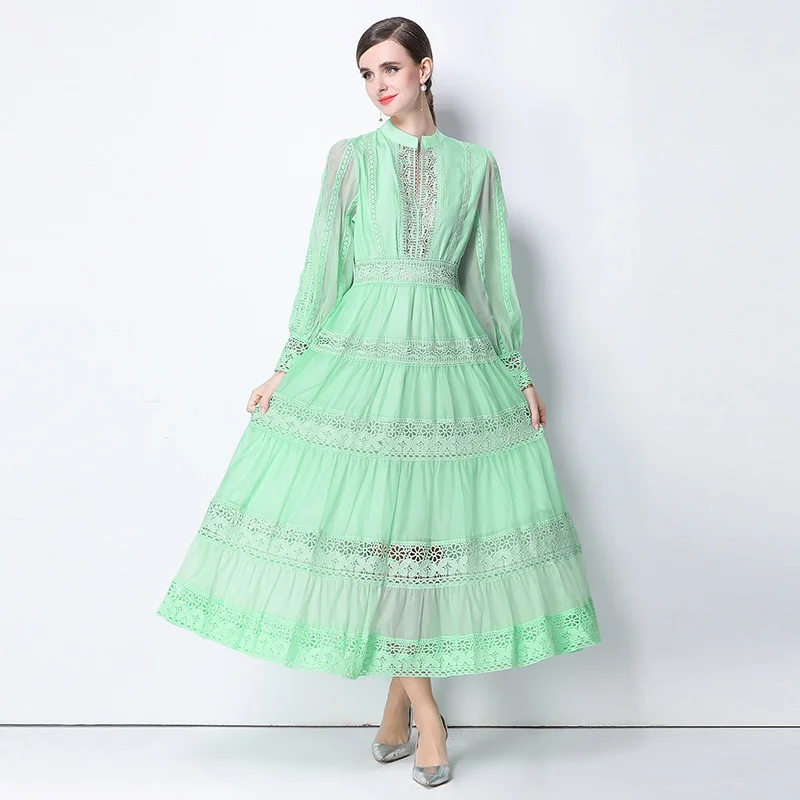 Estate autunno vacanza manica lunga lanterna ricamo verde abito da ballo donna patchwork pizzo una linea scava fuori abiti da festa