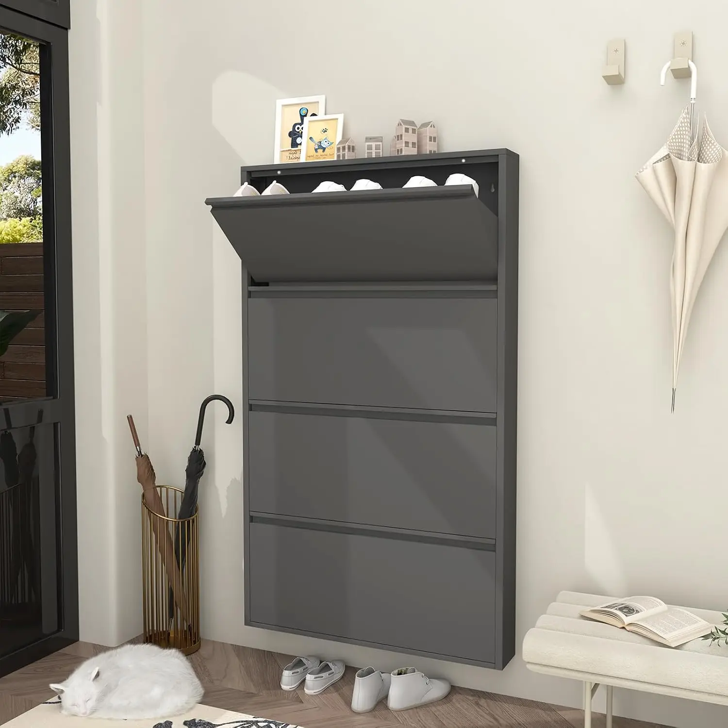 Black Shoe Cabinet Storage Entryway Narrow Slim Wall Mounted Metal Hidden Organizer 4 Flip Drawers, Customized