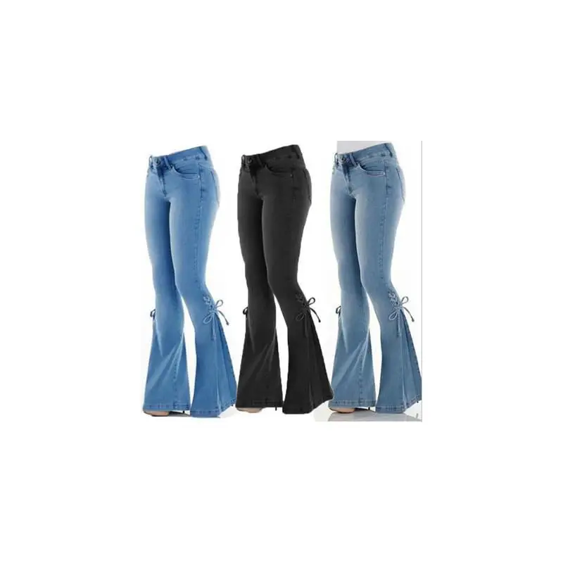 Celana Jeans Wanita Slim Fit Pinggang Sedang Elastis Model Ikat Ukuran Besar Plus Size Model Bell Bot Hangat Musim Gugur Musim Semi