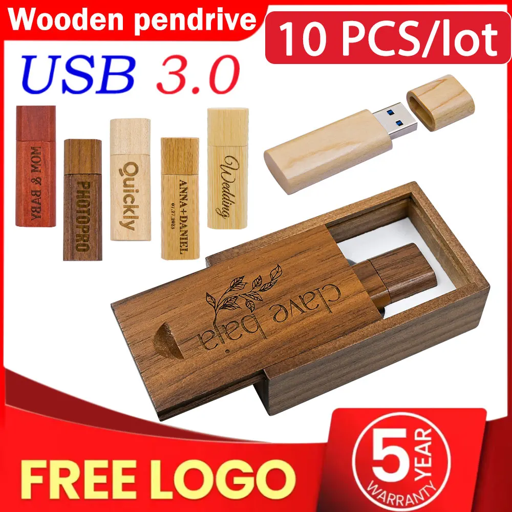10pcs USB 3.0 Wooden Memory Stick Usb Flash Drive Pen Drive Pendrive 4GB 16GB 32GB 64GB U Disk Wedding Gift Free Custom Logo