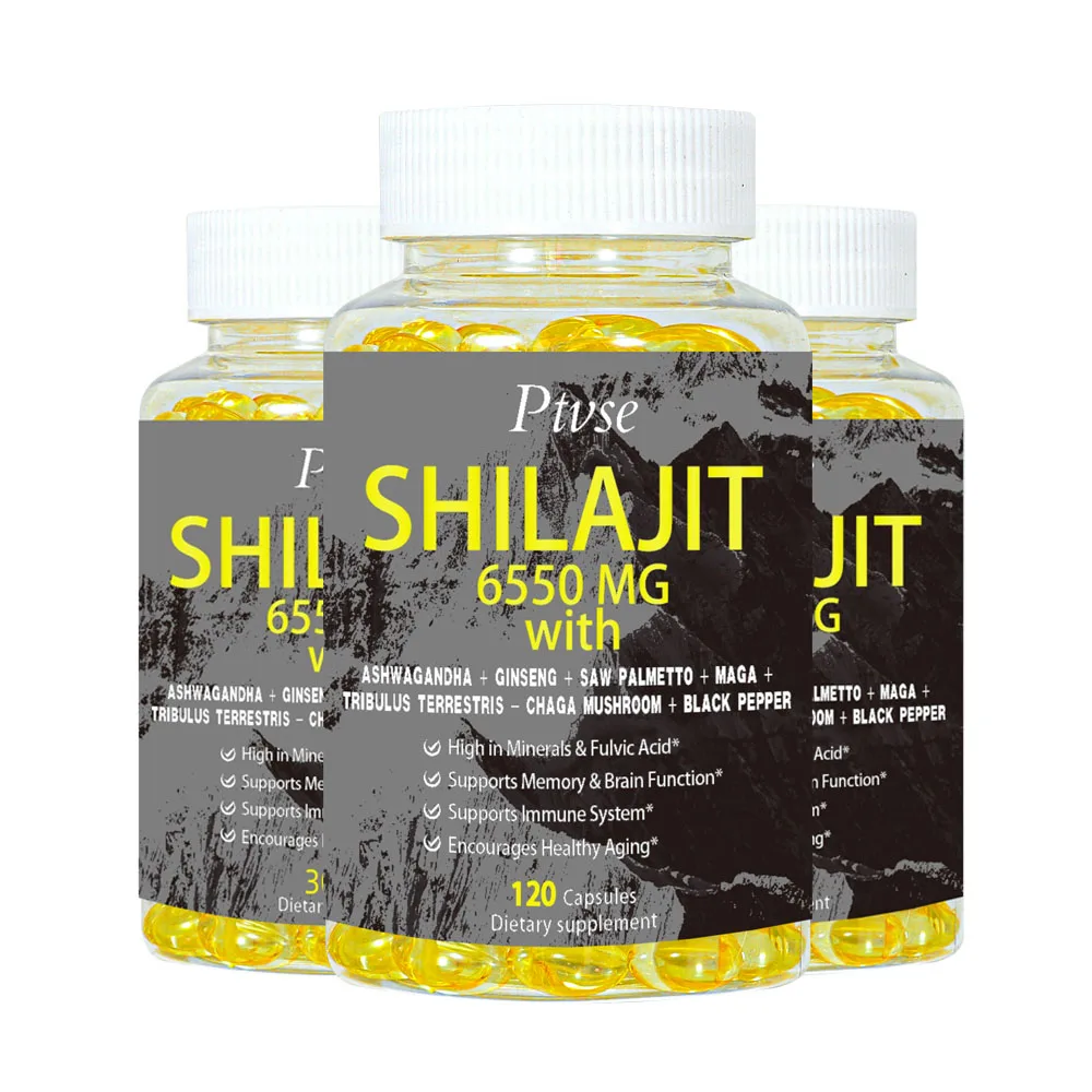 Shilajit Resin Himalayan Capsules - 6550mg - Combined Ashwagandha, Ginseng, Saw Palmetto, Maca, Tribulus, Chaga, Black Pepper