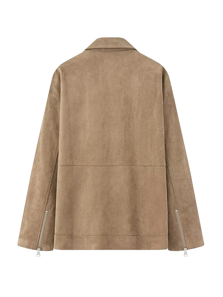 

Lapel Slanting Placket Zipper Suede Bomber Jacket Women Street Turn-down Collar Long Sleeve Loose Coats Fashion Ladies Outerwear